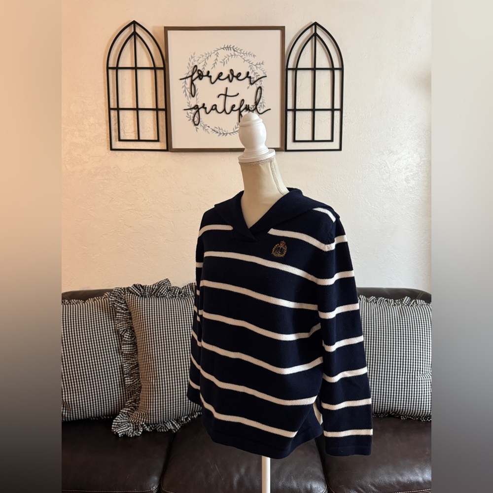 Lauren Ralph Lauren Women Sweater Nautical Emblem Navy Blue White Stripes Sz PM - Picture 3 of 15